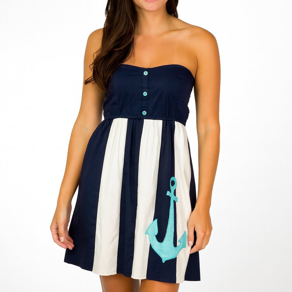 JUDITH MARCH NWT $100 Strapless embroidered anchor Floral Dress o/s black white - Picture 1 of 12